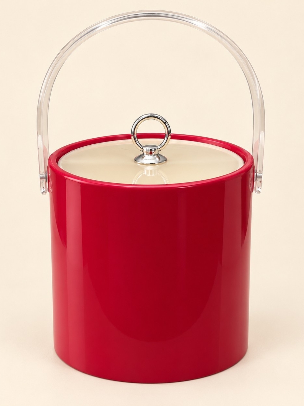Vintage Red Ice Bucket Acrylic Handle Cream Lid Retro MCM Barware